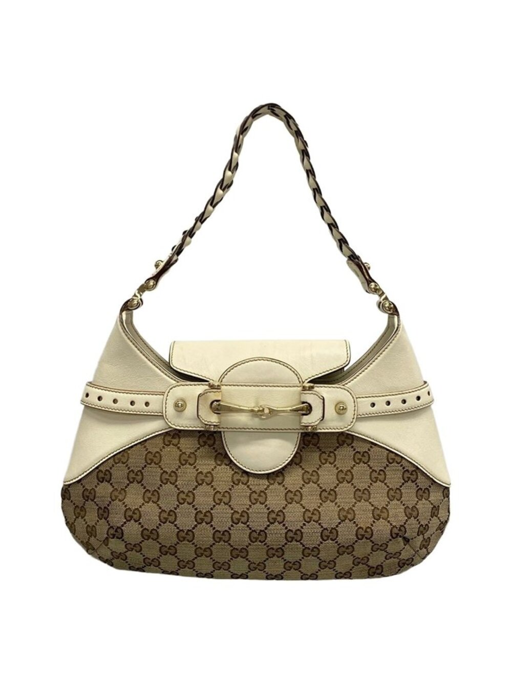 Gucci Shoulder Bag Horsebitgg Pattern Beige Dark Brown Ivory Leather